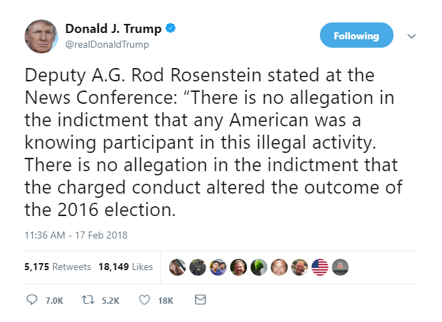 2018-02-17-15_19_24-Donald-J.-Trump-on-Twitter_-_Deputy-A.G.-Rod-Rosenstein-stated-at-the-News-Confe Trump Pauses Golf & Goes On 5 Tweet Saturday Mega-Rant Like A Lunatic On Weird Drugs Corruption Donald Trump Featured Politics Russia Social Media Top Stories 