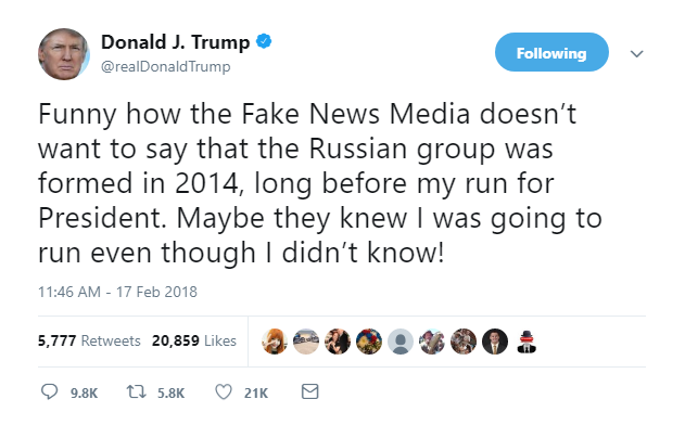 2018-02-17-15_19_48-Donald-J.-Trump-on-Twitter_-_Funny-how-the-Fake-News-Media-doesn’t-want-to-say-t Trump Pauses Golf & Goes On 5 Tweet Saturday Mega-Rant Like A Lunatic On Weird Drugs Corruption Donald Trump Featured Politics Russia Social Media Top Stories 