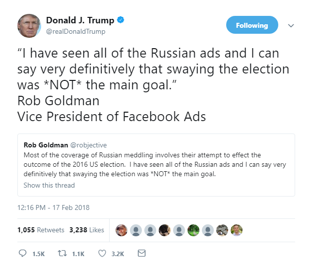 2018-02-17-15_20_38-Donald-J.-Trump-on-Twitter_-_“I-have-seen-all-of-the-Russian-ads-and-I-can-say-v Trump Pauses Golf & Goes On 5 Tweet Saturday Mega-Rant Like A Lunatic On Weird Drugs Corruption Donald Trump Featured Politics Russia Social Media Top Stories 