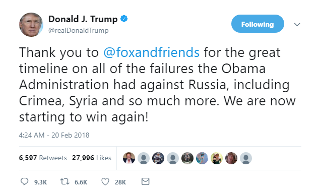2018-02-20-09_30_39-Donald-J.-Trump-on-Twitter_-_Thank-you-to-@foxandfriends-for-the-great-timeline- Trump Erupts Into 8-Tweet Morning Explosion Of Insanity Like A Future Inmate Dropping Soap Corruption Donald Trump Featured Politics Russia Social Media Top Stories 