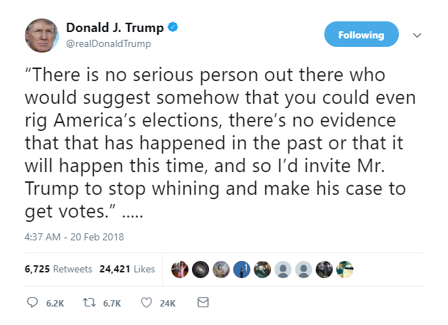 2018-02-20-09_31_01-Donald-J.-Trump-on-Twitter_-_“There-is-no-serious-person-out-there-who-would-sug Trump Erupts Into 8-Tweet Morning Explosion Of Insanity Like A Future Inmate Dropping Soap Corruption Donald Trump Featured Politics Russia Social Media Top Stories 
