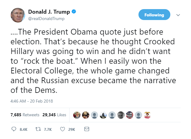 2018-02-20-09_31_22-Donald-J.-Trump-on-Twitter_-_....The-President-Obama-quote-just-before-election. Trump Erupts Into 8-Tweet Morning Explosion Of Insanity Like A Future Inmate Dropping Soap Corruption Donald Trump Featured Politics Russia Social Media Top Stories 