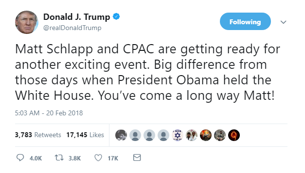 2018-02-20-09_32_11-Donald-J.-Trump-on-Twitter_-_Matt-Schlapp-and-CPAC-are-getting-ready-for-another Trump Erupts Into 8-Tweet Morning Explosion Of Insanity Like A Future Inmate Dropping Soap Corruption Donald Trump Featured Politics Russia Social Media Top Stories 