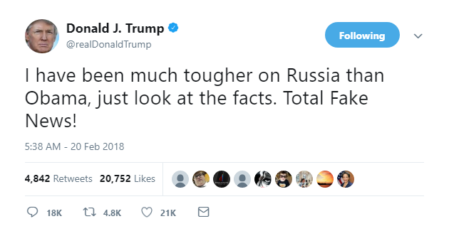 2018-02-20-09_33_32-Donald-J.-Trump-on-Twitter_-_I-have-been-much-tougher-on-Russia-than-Obama-just Trump Erupts Into 8-Tweet Morning Explosion Of Insanity Like A Future Inmate Dropping Soap Corruption Donald Trump Featured Politics Russia Social Media Top Stories 