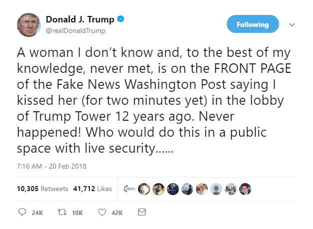 2018-02-20-13_03_50-Donald-J.-Trump-on-Twitter_-_A-woman-I-don’t-know-and-to-the-best-of-my-knowled Trump Panics; Woman Makes Surveillance Footage  From Elevator Camera  Announcement Donald Trump Featured Feminism Politics Sexism Sexual Assault/Rape Social Media Top Stories 