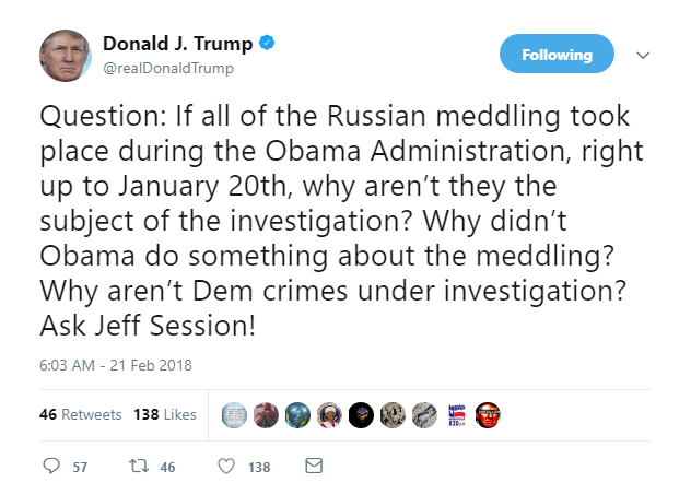 2018-02-21-09_16_20-Donald-J.-Trump-on-Twitter_-_Question_-If-all-of-the-Russian-meddling-took-place Trump Flies Into AM Rant Against Obama - Makes Hilarious Spelling Error Like A Dummy Corruption Donald Trump Featured Politics Russia Social Media Top Stories 