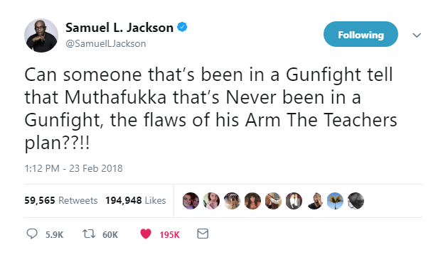 2018-02-24-15_57_39-Samuel-L.-Jackson-on-Twitter_-_Can-someone-that’s-been-in-a-Gunfight-tell-that-M Samuel L. Jackson Calls Trump A 'Muthafukka' In Front Of The Entire World; Twitter Meltdown Coming Celebrities Donald Trump Featured Gun Control Hollywood Politics Shooting Social Media Top Stories 