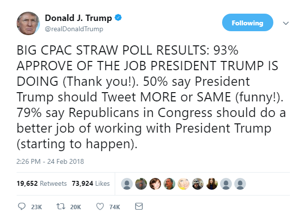 2018-02-25-11_14_40-Donald-J.-Trump-on-Twitter_-_BIG-CPAC-STRAW-POLL-RESULTS_-93-APPROVE-OF-THE-JOB Trump's Post-'Arm Teachers' Ratings Are In & The Results Are The Lowest Ever Donald Trump Featured Gun Control Politics Top Stories 