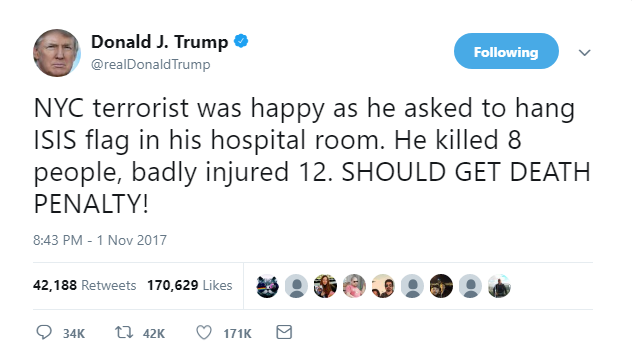 2018-02-25-22_43_12-Donald-J.-Trump-on-Twitter_-_NYC-terrorist-was-happy-as-he-asked-to-hang-ISIS-fl The President Has A Solution To America's Drug Epidemic - Just Execute The Dealers Donald Trump Featured Human Rights Politics Top Stories 