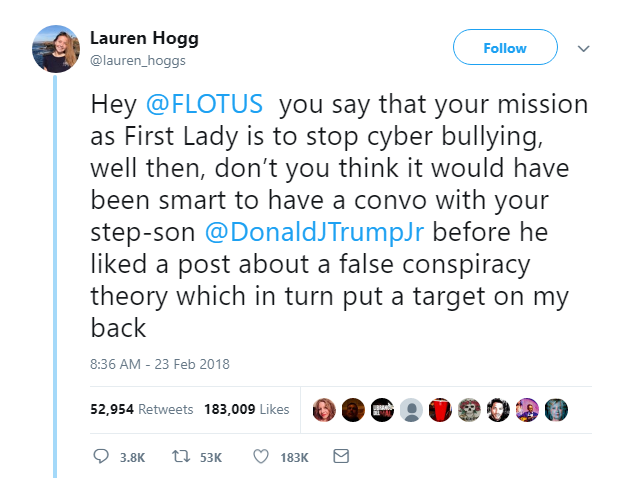 2018-02-26-13_52_41-Lauren-Hogg-on-Twitter_-_Hey-@FLOTUS-you-say-that-your-mission-as-First-Lady-is- Melania Releases Shooting Survivor Statement No One Saw Coming - Especially Trump Donald Trump Featured Gun Control Politics Shooting Top Stories Videos 