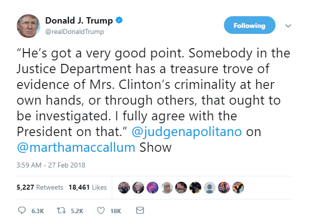 2018-02-27-08_09_45-Donald-J.-Trump-on-Twitter_-_“He’s-got-a-very-good-point.-Somebody-in-the-Justic Trump Flies Into An Early Morning Twitter Rampage On Testimony Tuesday (TWEETS) Corruption Donald Trump Featured Hillary Clinton Politics Russia Social Media Top Stories 