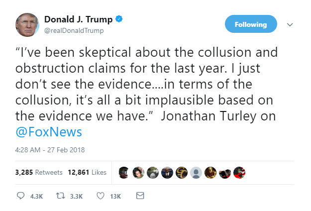 2018-02-27-08_10_11-Donald-J.-Trump-on-Twitter_-_“I’ve-been-skeptical-about-the-collusion-and-obstru Trump Flies Into An Early Morning Twitter Rampage On Testimony Tuesday (TWEETS) Corruption Donald Trump Featured Hillary Clinton Politics Russia Social Media Top Stories 