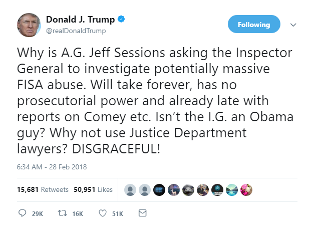 2018-02-28-14_43_08-Donald-J.-Trump-on-Twitter_-_Why-is-A.G.-Jeff-Sessions-asking-the-Inspector-Gene Jeff Sessions Just Responded To Trump's Morning Twitter Attack On Him & It's Hilarious Donald Trump Featured Politics Russia Social Media Top Stories 