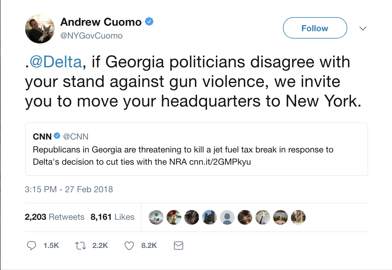 Screen-Shot-2018-02-28-at-1.30.09-PM NY Gov. Cuomo Delivers Message To Delta After Lawmakers Threaten To Cut Co. Tax Breaks Activism Economy Gun Control Politics Top Stories 