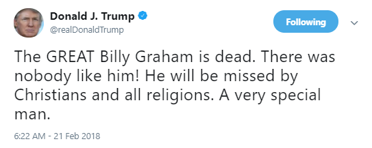 billy-graham Trump Phony Tweets About Billy Graham's Death & Regrets It In 6 Seconds Flat Donald Trump Politics Social Media Top Stories 