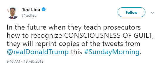 lieu-tweet-two Ted Lieu Delivers Perfect Response To Flurry Of Sunday Trump Guilt-Tweets Donald Trump Politics Russia Social Media Top Stories 