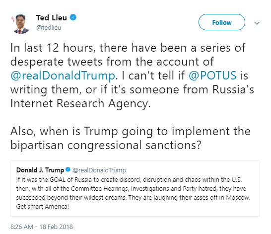 lieu-twitter Ted Lieu Delivers Perfect Response To Flurry Of Sunday Trump Guilt-Tweets Donald Trump Politics Russia Social Media Top Stories 