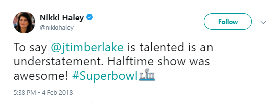 nikki-super-bowl Nikki Haley Tweets About Justin Timberlake Like A Weirdo In Phony Super Bowl Message Donald Trump Politics Social Media Top Stories 