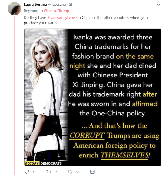 one-ivanka Ivanka Tweets Phony Message About Paid Family Leave Ripoff; Gets Roasted In Seconds Corruption Donald Trump Politics Social Media Top Stories 