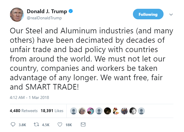 2018-03-01-08_08_24-Donald-J.-Trump-on-Twitter_-_Our-Steel-and-Aluminum-industries-and-many-others Trump Goes On Ridiculous Thursday AM Tirade About Guns In Classrooms Like A Moron Donald Trump Featured Politics Social Media Top Stories 