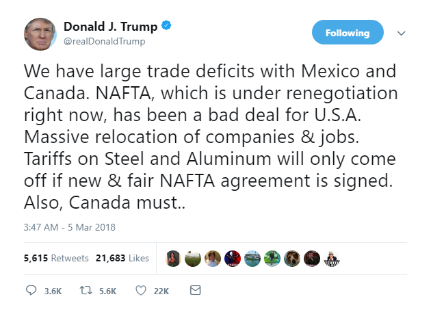 2018-03-05-08_22_09-Donald-J.-Trump-on-Twitter_-_We-have-large-trade-deficits-with-Mexico-and-Canada Trump Wakes In A Panic, Flies Into Obama Investigation Tirade Like A Scared Future Inmate Donald Trump Featured Foreign Policy Labor Politics Social Media Top Stories 