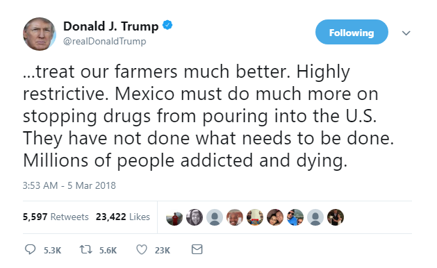 2018-03-05-08_22_31-Donald-J.-Trump-on-Twitter_-_...treat-our-farmers-much-better.-Highly-restrictiv Trump Wakes In A Panic, Flies Into Obama Investigation Tirade Like A Scared Future Inmate Donald Trump Featured Foreign Policy Labor Politics Social Media Top Stories 