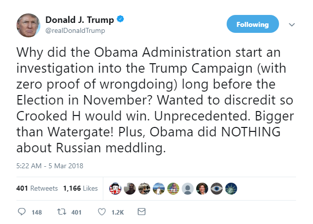 2018-03-05-08_23_42-Donald-J.-Trump-on-Twitter_-_Why-did-the-Obama-Administration-start-an-investiga Trump Wakes In A Panic, Flies Into Obama Investigation Tirade Like A Scared Future Inmate Donald Trump Featured Foreign Policy Labor Politics Social Media Top Stories 