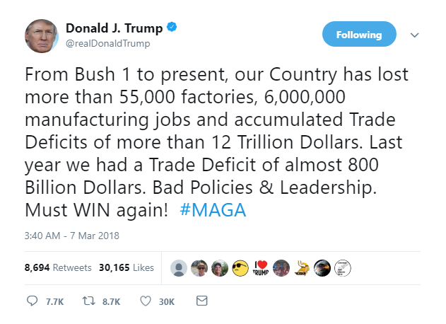 2018-03-07-08_13_10-Donald-J.-Trump-on-Twitter_-_From-Bush-1-to-present-our-Country-has-lost-more-t Trump Hobbles Out Of Bed & Instantly Tweets Nonsense, Badmouths Himself Like A Dummy Domestic Policy Donald Trump Featured Politics Social Media Top Stories 