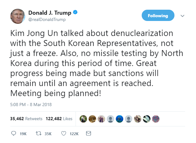 2018-03-09-07_51_55-Donald-J.-Trump-on-Twitter_-_Kim-Jong-Un-talked-about-denuclearization-with-the- Belligerent Trump Babbles On Twitter Like A Bored Old Man About To Drop The Soap Donald Trump Featured Foreign Policy Politics Social Media Top Stories 