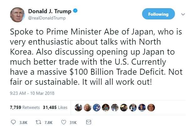 2018-03-10-15_03_13-Donald-J.-Trump-on-Twitter_-_Spoke-to-Prime-Minister-Abe-of-Japan-who-is-very-e Trump Tweets Blatant Saturday Afternoon Lie & Gets Fact Checked Into Oblivion Donald Trump Featured Foreign Policy Politics Social Media Top Stories 