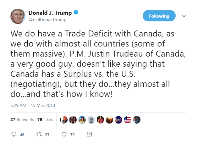 2018-03-15-09_30_54-Donald-J.-Trump-on-Twitter_-_We-do-have-a-Trade-Deficit-with-Canada-as-we-do-wi Trump Throws Thursday AM Twitter Tantrum Over Audio Leak About Lies To Justin Trudeau Donald Trump Economy Foreign Policy Politics Top Stories Videos 