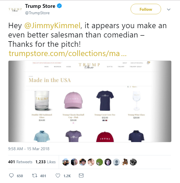 2018-03-15-18_59_50-Trump-Store-on-Twitter_-_Hey-@JimmyKimmel-it-appears-you-make-an-even-better-sa Trump Tweets About Jimmy Kimmel & Gets A Response No One Was Expecting (IMAGES) Donald Trump Featured Politics Social Media Top Stories Videos 