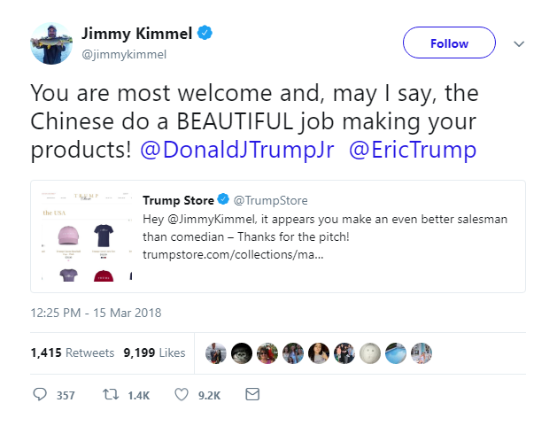 2018-03-15-19_00_44-Jimmy-Kimmel-on-Twitter_-_You-are-most-welcome-and-may-I-say-the-Chinese-do-a- Trump Tweets About Jimmy Kimmel & Gets A Response No One Was Expecting (IMAGES) Donald Trump Featured Politics Social Media Top Stories Videos 