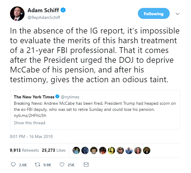 2018-03-17-07_10_47-Adam-Schiff-on-Twitter_-_In-the-absence-of-the-IG-report-it’s-impossible-to-eva McCabe Says He Was Fired Because He Witnessed Trump Obstruct Justice (VIDEO) Donald Trump Featured James Comey Politics Top Stories 