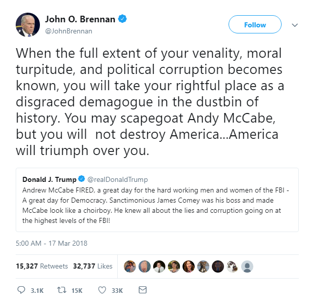 2018-03-17-09_50_50-John-O.-Brennan-on-Twitter_-_When-the-full-extent-of-your-venality-moral-turpit Former CIA Director John Brennan Responds To Trump's McCabe Firing Like A Total Boss Donald Trump Featured Politics Russia Top Stories 