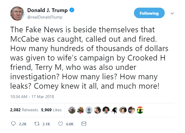 2018-03-17-13_38_35-Donald-J.-Trump-on-Twitter_-_The-Fake-News-is-beside-themselves-that-McCabe-was- Trump Tweets The Real Reason Behind McCabe's Firing In Saturday Twitter Meltdown Donald Trump Featured James Comey Politics Top Stories 