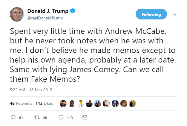 2018-03-18-08_23_01-Donald-J.-Trump-on-Twitter_-_Spent-very-little-time-with-Andrew-McCabe-but-he-n Trump Tweets Sunday Lies About Comey And Mueller Like A Criminal Who Knows He's Caught Uncategorized 