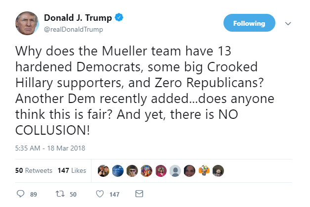 2018-03-18-08_36_35-Donald-J.-Trump-on-Twitter_-_Why-does-the-Mueller-team-have-13-hardened-Democrat Trump Tweets Sunday Lies About Comey And Mueller Like A Criminal Who Knows He's Caught Uncategorized 