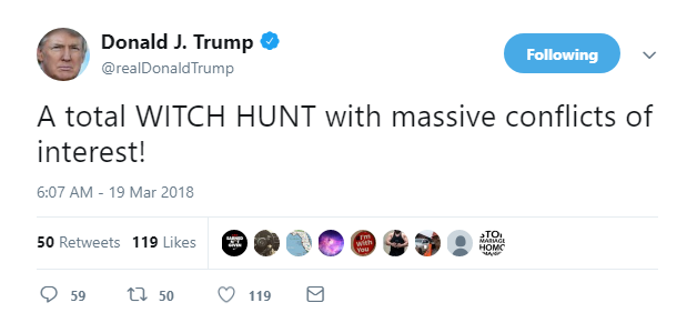 2018-03-19-09_09_53-Donald-J.-Trump-on-Twitter_-_A-total-WITCH-HUNT-with-massive-conflicts-of-intere Trump Flies Into ALL CAPS Meltdown Over Mueller Investigation Like A Future Federal Inmate Corruption Donald Trump Featured Politics Russia Social Media Top Stories 