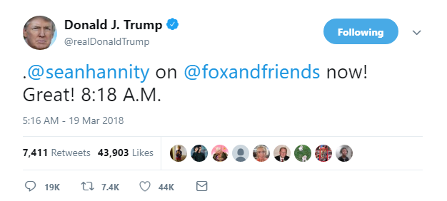 2018-03-20-17_06_51-Donald-J.-Trump-on-Twitter_-_.@seanhannity-on-@foxandfriends-now-Great-8_18-A. Fed Up Fox News Contributor Quits Suddenly; Goes On Wild Rant About The Network Donald Trump Featured Russia Top Stories 