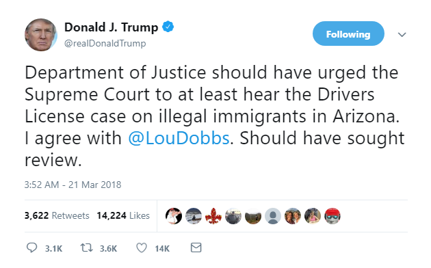 2018-03-21-08_17_13-Donald-J.-Trump-on-Twitter_-_Department-of-Justice-should-have-urged-the-Supreme Trump Rockets Awake, Gets Online, & Goes On 4-Tweet Mega-Rant Like A Future Chain Ganger Donald Trump Featured Politics Social Media Top Stories 