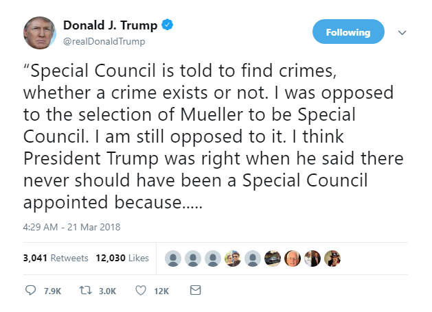2018-03-21-08_17_50-Donald-J.-Trump-on-Twitter_-_“Special-Council-is-told-to-find-crimes-whether-a- Trump Rockets Awake, Gets Online, & Goes On 4-Tweet Mega-Rant Like A Future Chain Ganger Donald Trump Featured Politics Social Media Top Stories 