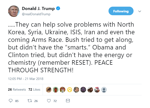 2018-03-21-15_06_31-Donald-J.-Trump-on-Twitter_-_.....They-can-help-solve-problems-with-North-Korea Trump Tweets Afternoon Explanation For His Love Of Putin, Like A Teenager With His First Crush Donald Trump Featured Politics Russia Social Media Top Stories 