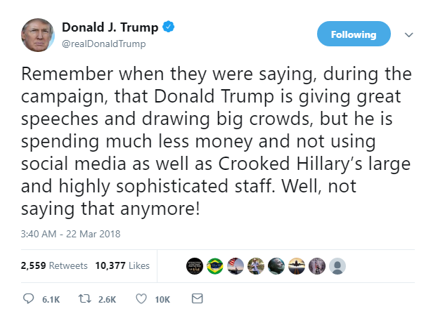 2018-03-22-07_12_31-Donald-J.-Trump-on-Twitter_-_Remember-when-they-were-saying-during-the-campaign Delusional Donald Wakes Up & Live Tweets Bizarre Mental Collapse Like A Lunatic On Drugs Corruption Donald Trump Featured Politics Social Media Top Stories 