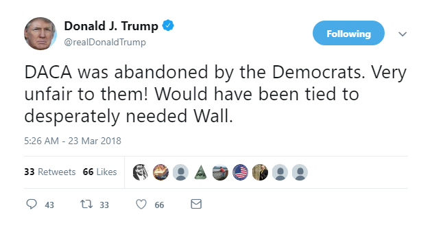2018-03-23-08_27_26-Donald-J.-Trump-on-Twitter_-_DACA-was-abandoned-by-the-Democrats.-Very-unfair-to Treasonous Trump Wakes Up & Flies Into 3-Tweet Freak Out Like An Inmate In The Shower Donald Trump Featured Politics Social Media Top Stories 