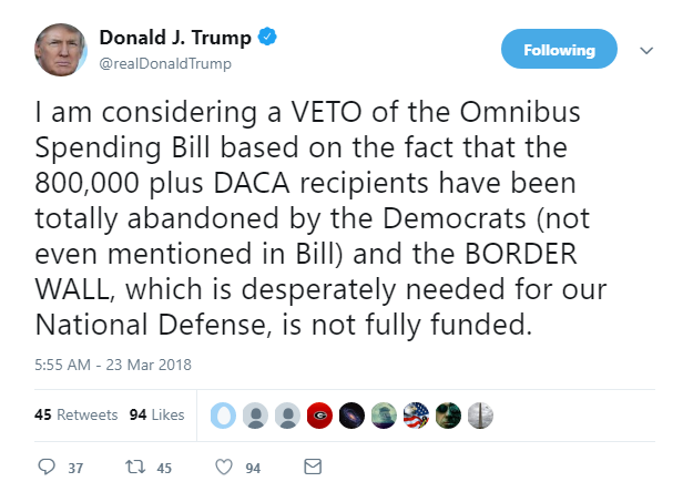 2018-03-23-08_56_06-Donald-J.-Trump-on-Twitter_-_I-am-considering-a-VETO-of-the-Omnibus-Spending-Bil Treasonous Trump Wakes Up & Flies Into 3-Tweet Freak Out Like An Inmate In The Shower Donald Trump Featured Politics Social Media Top Stories 