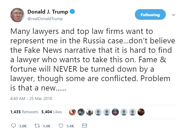 2018-03-25-07_58_36-Donald-J.-Trump-on-Twitter_-_Many-lawyers-and-top-law-firms-want-to-represent-me Trump Goes On Psycho Five-Tweet Sunday AM Mega Rant From His Palm Beach Resort Donald Trump Featured Politics Social Media Top Stories 
