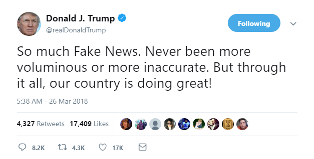 2018-03-26-09_07_54-Donald-J.-Trump-on-Twitter_-_So-much-Fake-News.-Never-been-more-voluminous-or-mo Trump Wakes Up In A Panic After Stormy Interview, Flies Into Mega Twitter Tantrum Instantly Donald Trump Featured Politics Social Media Top Stories 