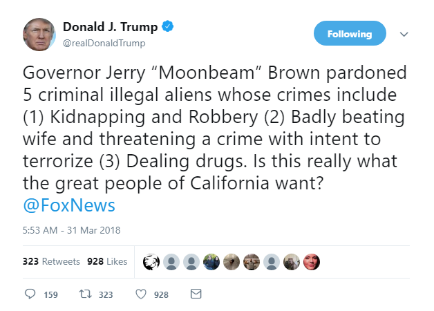 2018-03-31-08_54_22-Donald-J.-Trump-on-Twitter_-_Governor-Jerry-“Moonbeam”-Brown-pardoned-5-criminal Trump Rockets Awake & Goes On Wild Nonsense Twitter Rant Like A Toddler In Full Meltdown Donald Trump Featured Media Politics Social Media Top Stories 