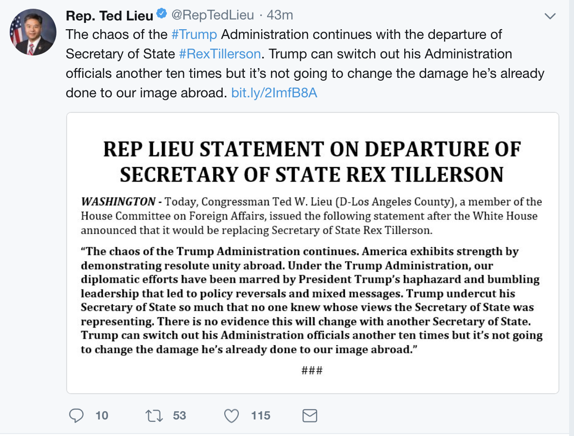 Screen-Shot-2018-03-13-at-11.27.59-AM Rep. Ted Lieu Responds To Trump's Firing Of Tillerson In Hilariously Terrifying Tuesday Tweet Corruption Domestic Policy Donald Trump Politics Top Stories 